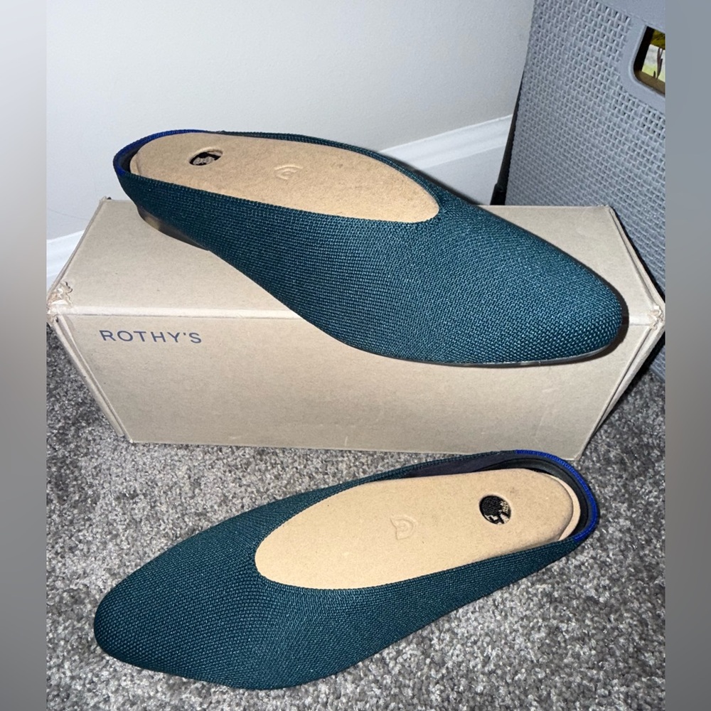 Rothy's Women's Deep Teal Loafers with brown leopard trim. Great condition